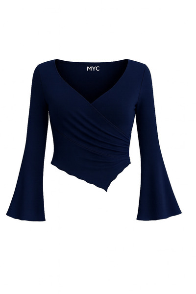 MYCPARL Lacivert İspanyol Kol Asimetrik Kesim V Yaka Drapeli Bahar Sonbahar Bluz