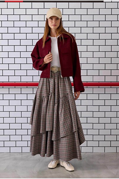 HEQA Plaid Bohemian Skirt Burgundy