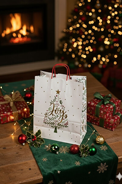 OLİ Art Yılbaşı Temalı Baskılı Hediye Poşeti 6 Adet - Beyaz İnce Kraft Çanta, Hediyelik ve Noel Paketi İçin