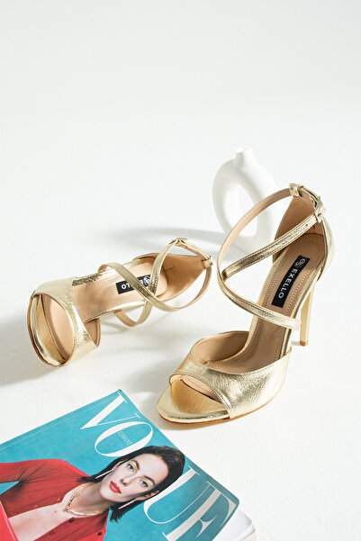 es exello Alina High Thin Heeled Gold Shoes with Cross Ankle Straps