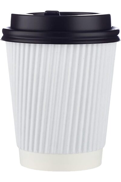 Soft N Cool Hotpack Disposable Ripple Paper Cup White 8 ounce with Black Lid, 10 Pieces for Hot & Co