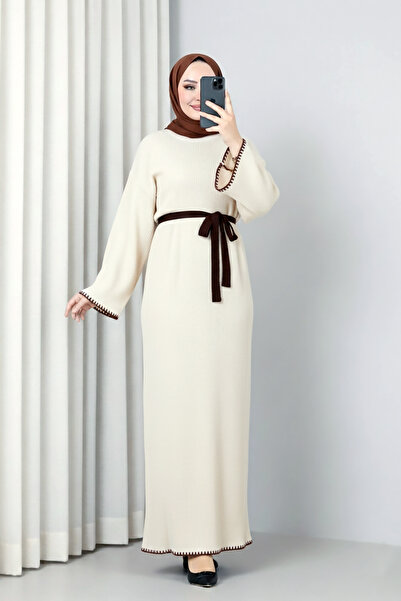 MODAQU Fitilli Kuşaklı Triko Elbise - Krem