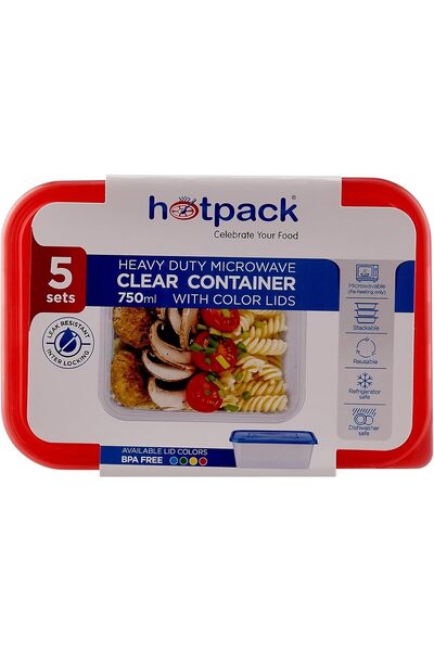 Hotpack Heavy Duty Clear Microwave Container 750ml with Multicolour Lids, 5 Sets