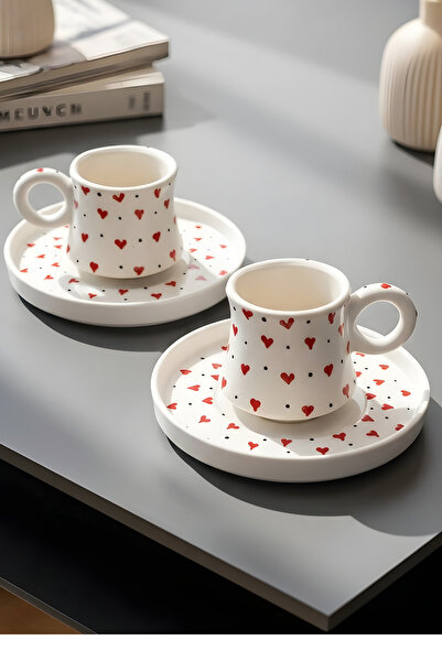Hopce Luna Handmade Heart Patterned, 4 Piece Coffee Cup Set for 2 People - 90 ml