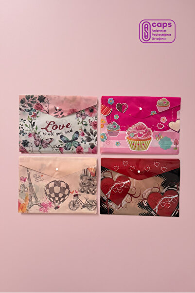 caps office 4 Adet Kız Çocuklarına Özel A4 Çıtçıtlı (Zarf) Dosya Seti – Love, Cupcake, Paris ve Kalpler