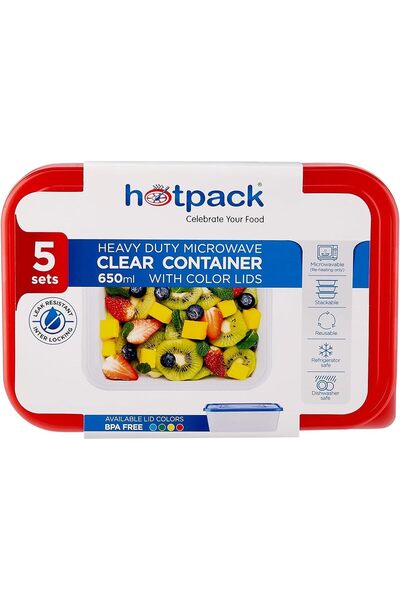 Hotpack حاويات ميكروويف شفافة متينة سعة 650 مل مع أغطية متعددة الألوان، 5 مجم...