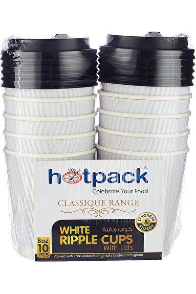 Soft N Cool Hotpack Disposable Ripple Paper Cup White 8 ounce with Black Lid, 10 Pieces for Hot & Co