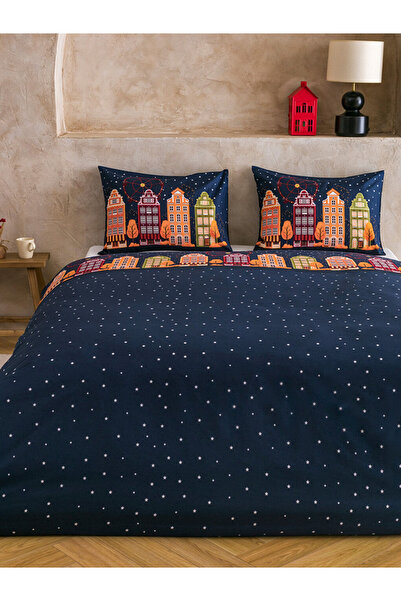 LC Waikiki Navy Blue 100% Cotton Christmas Themed Double Duvet Cover Set