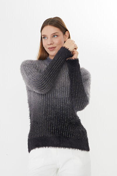 Brevia Gray Glitter Stripe Detail Bearded Knit Tie-Dye Pattern Long Sleeve Women's Angora Knitwear Sweater