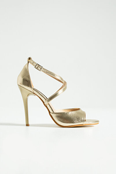 es exello Alina High Thin Heeled Gold Shoes with Cross Ankle Straps