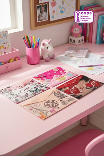 caps office 4 Adet Kız Çocuklarına Özel A4 Çıtçıtlı (Zarf) Dosya Seti – Love, Cupcake, Paris ve Kalpler