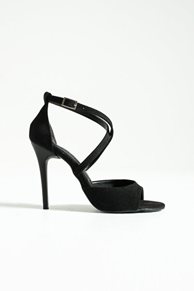 es exello Alina High Thin Heeled Black Suede Shoes with Cross Ankle Straps
