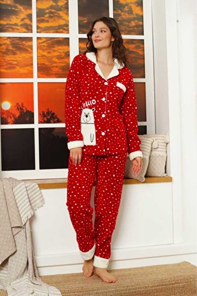 Intisimo Pijamale pentru femei, pufoase, cu nasturi, Cocolino, Hello, roșu/al...