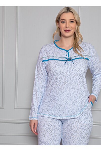Intisimo Women's Pajamas, 100% Cotton, Plain, Hearts, Large Size, Blue - XL