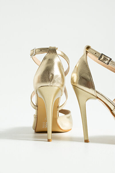 es exello Alina High Thin Heeled Gold Shoes with Cross Ankle Straps