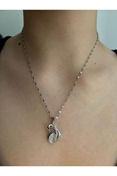 uyguntakıaksesuar Kuğu Figürlü Damla Taşlı Gümüş Kadın Kolye – Zarif Tasarım, Paslanmaz Çelik