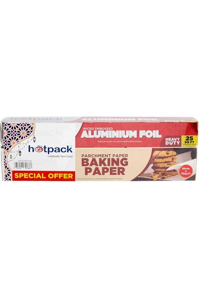 Hotpack رقائق ألومنيوم 30 سم 25 قدم مربع + ورق خبز 30 سم 75 قدم مربع