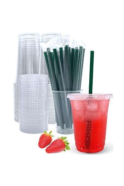 Generic Aatriet 12 oz Clear Plastic Cups with Lids and Straws, Disposable Coffee Cups 25 Sets