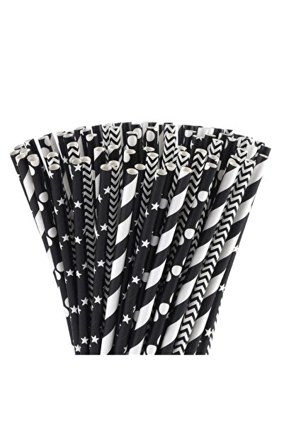 Generic Tazweeq Black Paper Straws, 100pcs Biodegradable Stars/Dots/Stripes/W...
