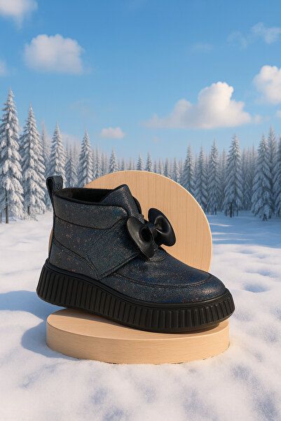 Zilvana Kız Çocuk Siyah Cırt Cırtlı Siyah Fiyonk Detaylı Kışlık Bot