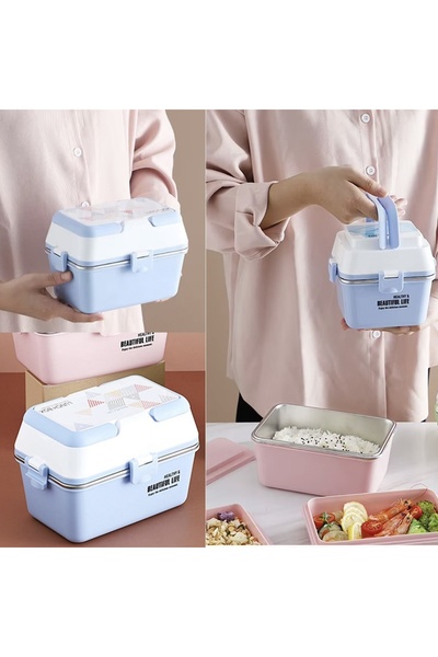 PUFO Lunch box with 3 compartments and stainless steel inner bowl, leakproof, for food, lunch,