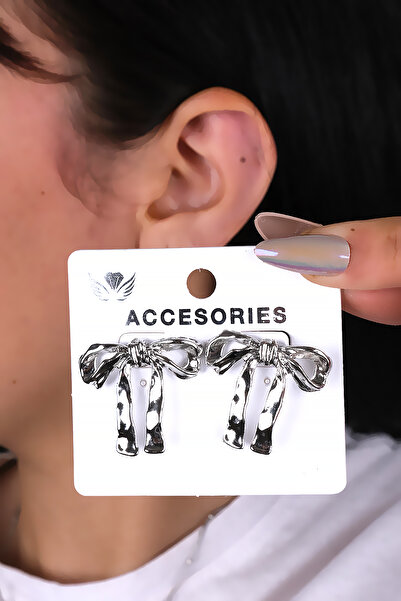 LOWEN AKSESUAR أقراط نسائية بتصميم فيونكة فضية اللون