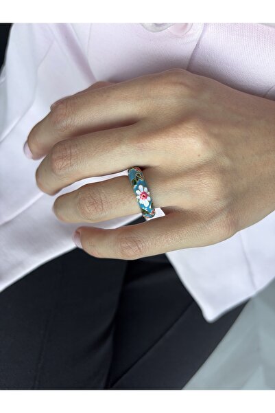Ressia Vintage Model Flower Patterned Enamel Blue Ring