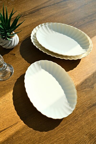 Kütahya Porselen Bone Luz Form Kayık Tabak Seti Gold 3 Parça