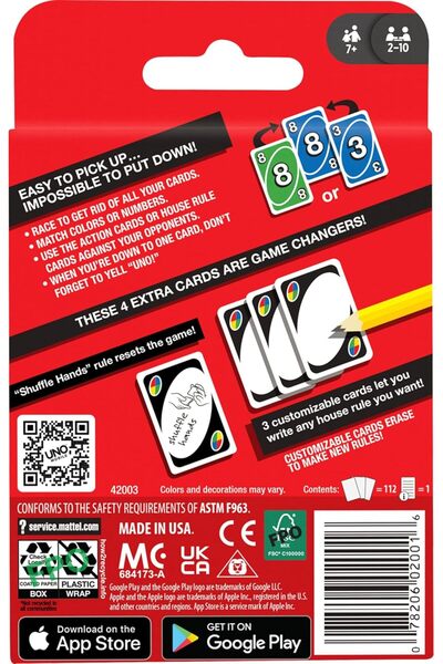 mattel Games UNO: Classic Card Game, Multi, 8 x 3-3/4 x 81/100 in (42003)