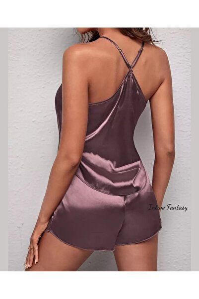 İntive Lingerie Σετ μίνι σορτς μπουστάκι με λεπτές τιράντες από σατέν λιλά μωβ