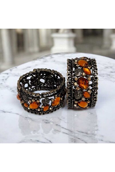 ella'nın çarşısı Etnik Desen Eskitme Metal Bal Rengi Taşlı Kelepçe Bileklik.