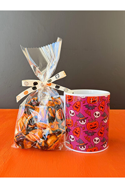 Hepsi Enteresan Halloween with Candy Mixed Patterns Purple Background, Halloween Cup, Pumpkin Candy