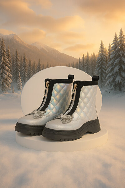 Zilvana Kız Çocuk Fermuarlı Kapitone Desenli Taşlı Fiyonk Detaylı Kışlık Bot