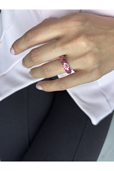 Ressia Vintage Model Flower Patterned Enamel Pink Ring