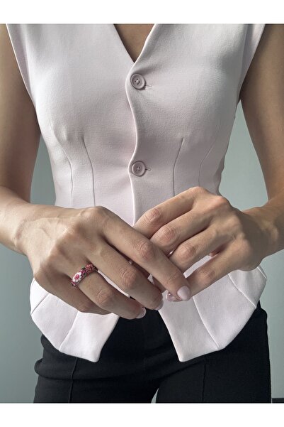 Ressia Vintage Model Flower Patterned Enamel Pink Ring