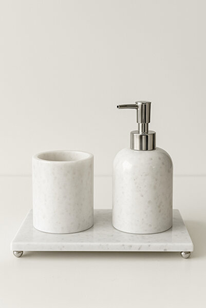 DMR HOME طقم حمام من الرخام الطبيعي - حامل صابون سائل وحامل فرشاة أسنان |   ت...