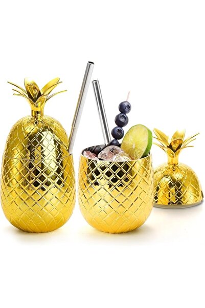 Generic Tazweeq Plastic Pineapple Drinking Cups,Gold Pineapple Cup with Stret...