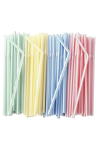 Generic Flexible Disposable Plastic Drinking Straws - 7.75" Tall, Assorted Striped Colors, 200 Pack