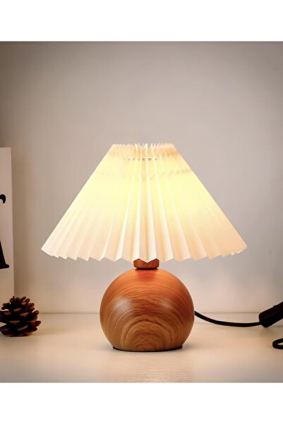 burenze Modern Umbrella Trend Abajur Koyu Ahşap Detaylı Pileli Krem Şapka Masa Lambası
