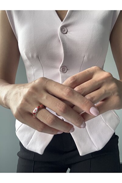 Ressia Vintage Model Flower Patterned Enamel Red Ring