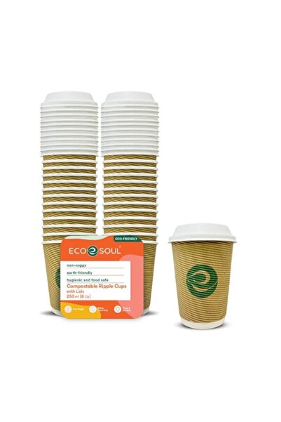 Generic ECO SOUL [250 ml, 25 Count ] Disposable Ripple Paper Cups with Lid | Plastic-Free Aqueous Coated |