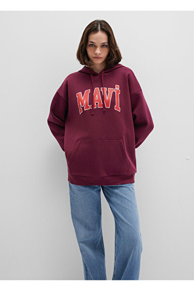 Mavi Burgundy Women's Oversize Sweatshirt Dmk.M1600361-90705 Logo Hooded