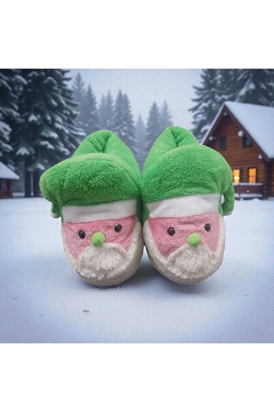 Migenty noel baba panduf yeşil şapkalı süper yumuşak peluş kumaş ev pandufu k...
