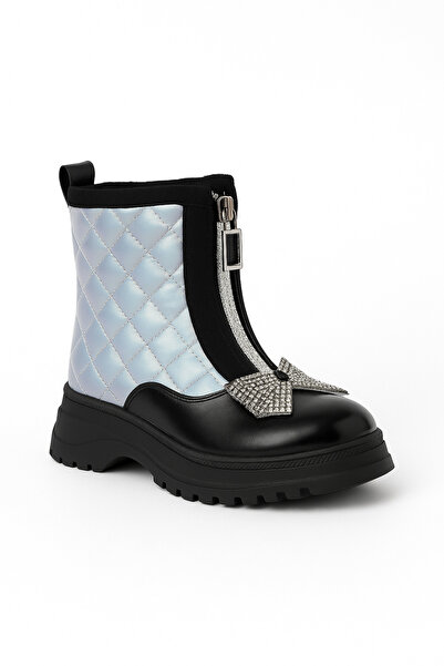 Zilvana Girl's Zippered Quilted Patterned Winter Boots with Stone Bow Detail
