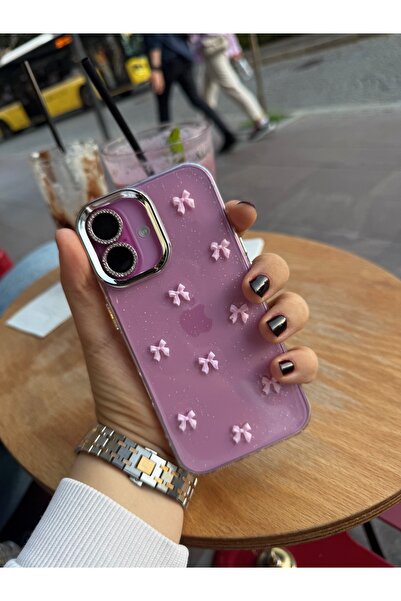 MustCase iPhone 16 Kılıf Pembe Fiyonk Desenli Simli Şeffaf Kılıf Gümüş Kamera...