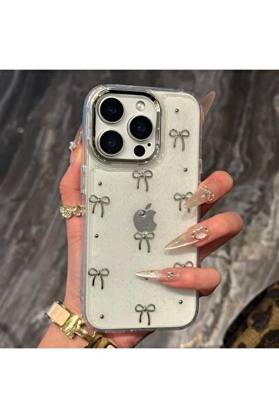 MustCase iPhone 14 Pro Max Kılıf Fiyonk Desenli Simli Şeffaf Kılıf Gümüş Kame...