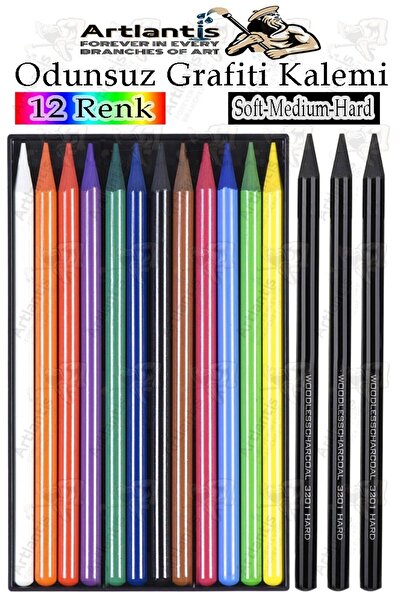 Artlantis Odunsuz Grafiti Kalemi 12 Renk ve 3 Siyah 1 Paket Odunsuz Kömür Kal...