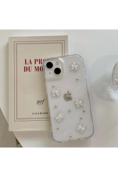 MustCase iPhone 14 Plus - 15 Plus Kılıf Kelebek Desenli Simli Şeffaf Kılıf Gü...