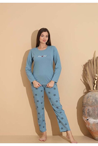 embody Set de pijama confortabil din bumbac pentru femei, cu bluză și pantaloni lungi, albastru 1001
