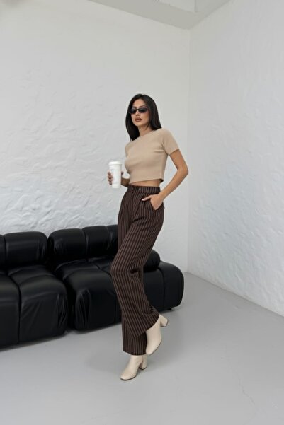 Mivelya Kadın Yüksek Bel Geniş Paça Çizgili Pantolon